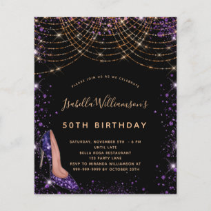 Birthday black purple glitter shoe invitation