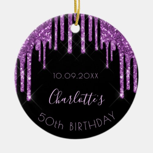 Birthday black purple glitter sparkle monogram ceramic ornament