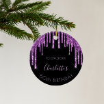 Birthday black purple glitter sparkle monogram ceramic ornament<br><div class="desc">A trendy and glamorous 50th (or any age) birthday ornament. A classic black background decorated with dark purple colored faux glitter drips, paint dripping look. With the text: 50th birthday. Personalize and add a name and a date. Purple colored text. The name is written with a modern hand lettered style...</div>