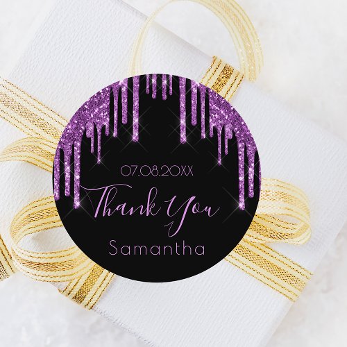 Birthday black purple glitter sparkle thank you classic round sticker