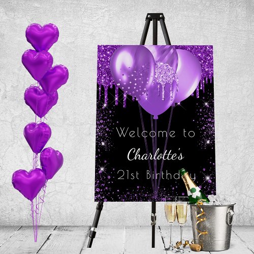 Birthday black purple glitter welcome balloons foam board