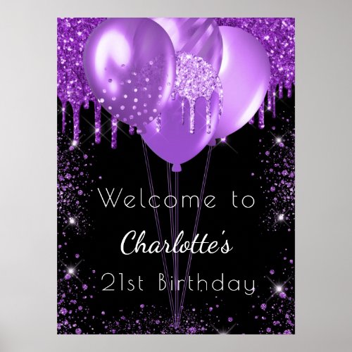 Birthday black purple glitter welcome balloons poster