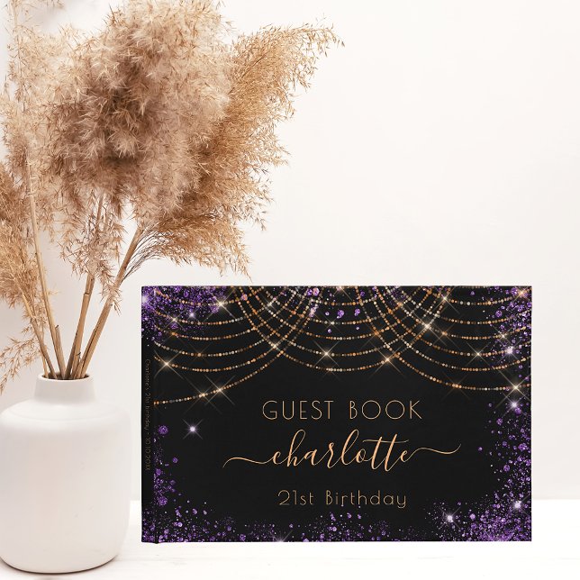 Birthday black purple gold glitter dust name guest book (Creator Uploaded)