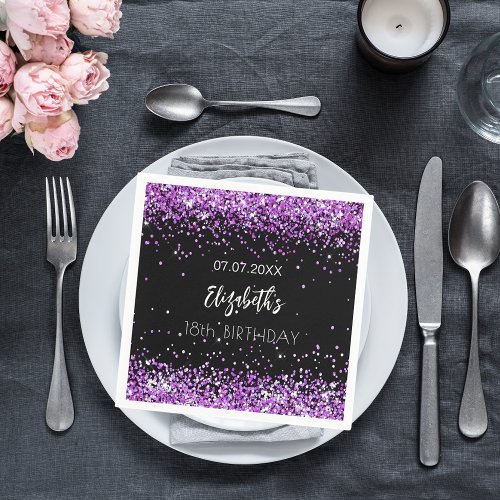 Birthday black purple name napkins