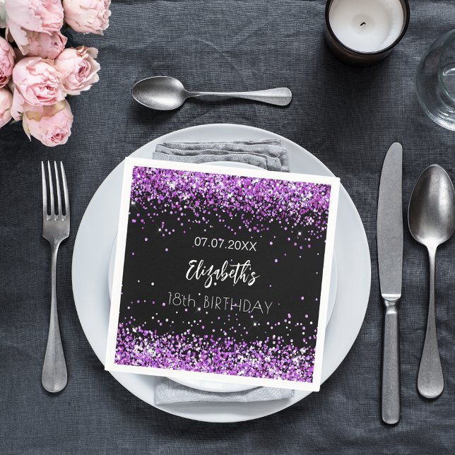 Birthday black purple name napkins (Creator Uploaded)