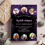 Birthday black purple photo best friends invitation<br><div class="desc">A girly and feminine 21st (or any age) birthday party invitation. On front: A chic black background. Decorated with dark purple faux glitter dust. Personalize and add a name, party details and 6 photos. The name is written with a hand lettered style script, light purple colored letters. Back: black background...</div>