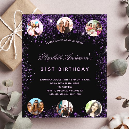 Birthday black purple photo budget invitation flyer