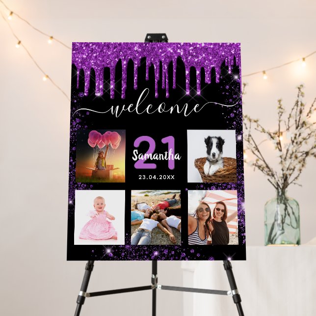 Birthday black purple photo collage glitter foam board (In Situ (Stand))