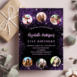 Birthday black purple sparkles photo friend invitation postcard<br><div class="desc">A girly and feminine 21st (or any age) birthday party invitation. On front: A chic black background. Decorated with dark purple faux glitter dust. Personalize and add a name,  party details and 6 photos. The name is written with a hand lettered style script,   light purple colored letters.</div>