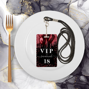 Birthday black red balloons glitter vip badge