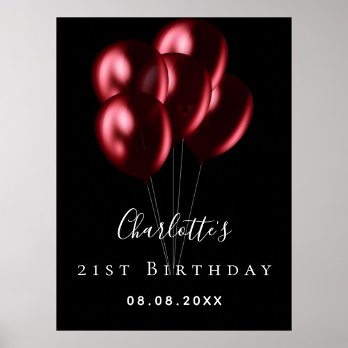 Birthday black red balloons name welcome poster
