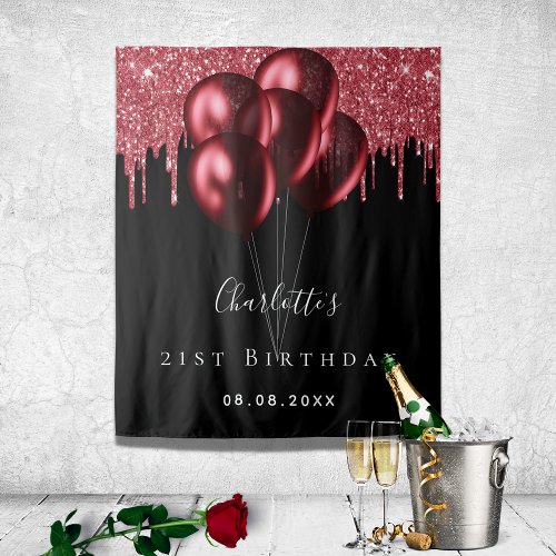Birthday black red glitter drips balloons name tapestry