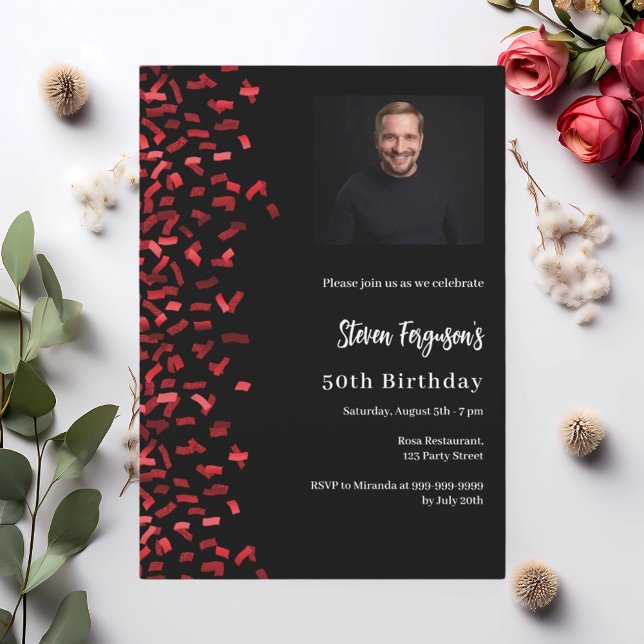 Birthday black red photo invitation (Creator Uploaded)