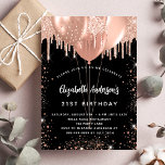 Birthday black rose gold balloons invitation<br><div class="desc">A black background. Decorated with rose gold,  drips,  paint dripping look and balloons.  Personalize and add a name,  age 21 and party details. The name is written with a hand lettered style script</div>