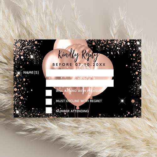 Birthday black rose gold balloons party RSVP Enclosure Card