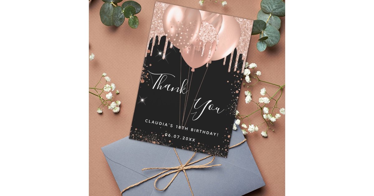 Birthday black rose gold balloons thank you card | Zazzle