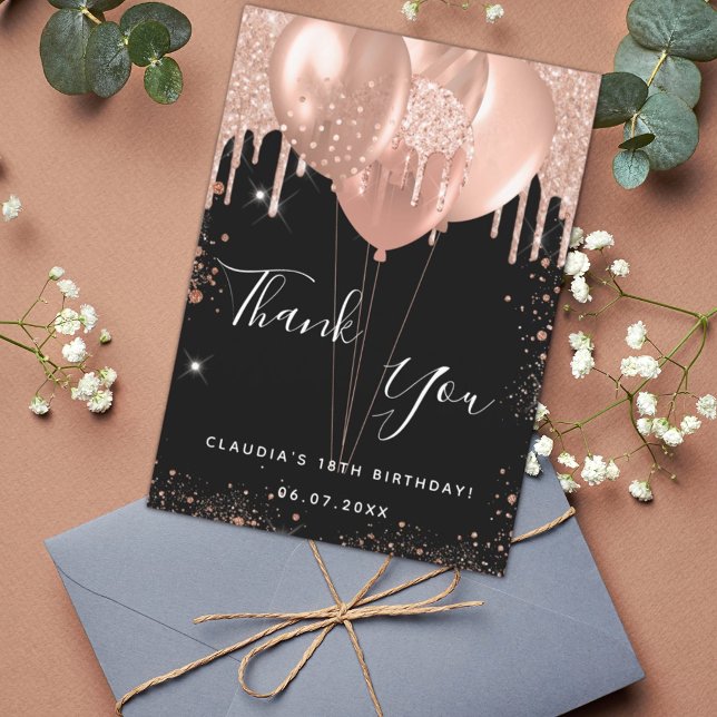 Birthday black rose gold balloons thank you card (Creator Uploaded)