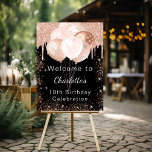 Birthday black rose gold balloons welcome foam board<br><div class="desc">A welcome board for a girly and glamorous birthday party (any age).  A stylish black background decorated with rose gold faux sparkles,  drips,  paint dripping look,  balloons.   Personalize and add a name. 
Back: no design</div>
