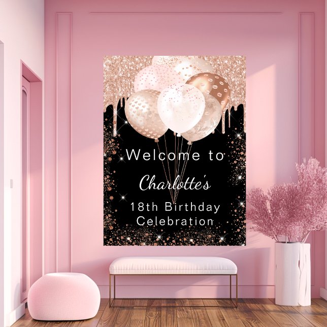Birthday black rose gold balloons welcome poster (Creator Uploaded)