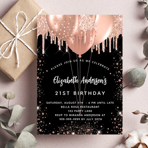 Birthday black rose gold glitter balloons luxury invitation