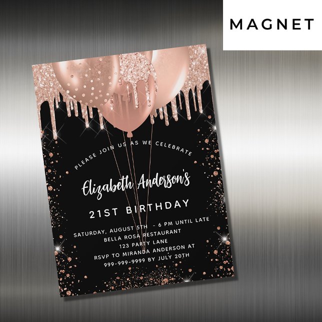 Birthday black rose gold glitter balloons luxury magnetic invitation (Creator Uploaded)