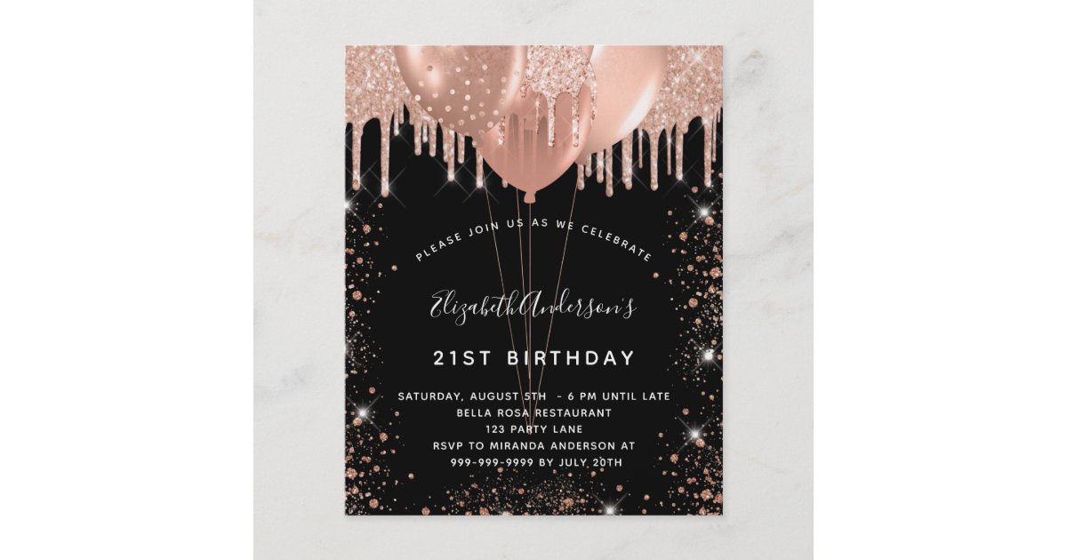 Birthday black rose gold glitter budget balloons flyer | Zazzle