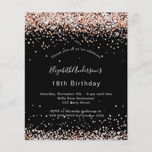 Birthday black rose gold glitter budget invitation flyer | Zazzle