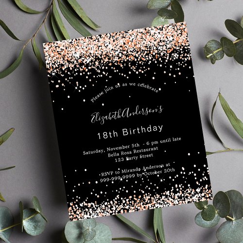 Birthday black rose gold glitter budget invitation flyer
