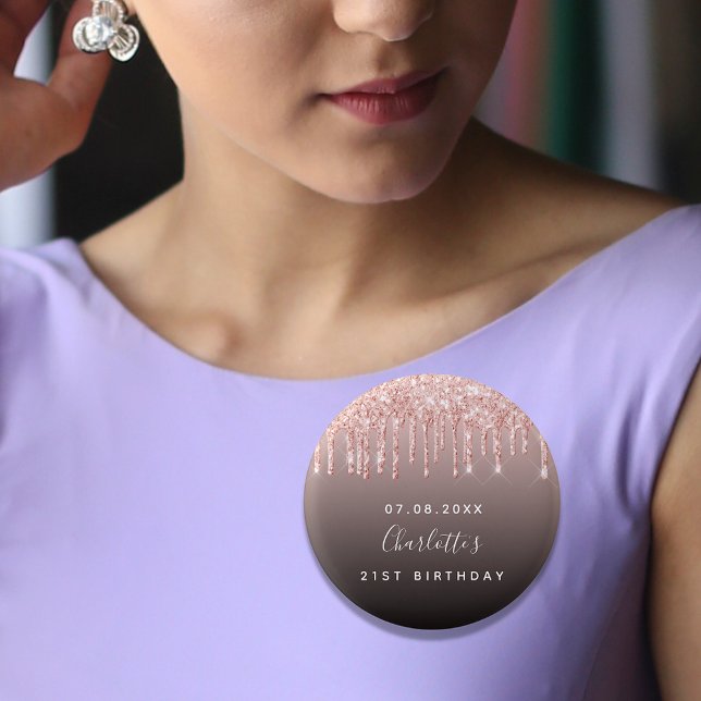 Birthday black rose gold glitter drips name button (Creator Uploaded)