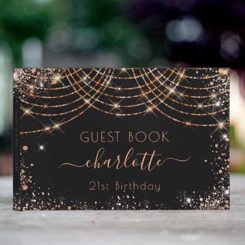 Birthday black rose gold glitter dust name guest book