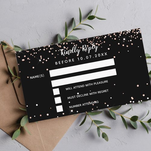 Birthday black rose gold glitter party RSVP Enclosure Card