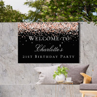Birthday black rose gold glitter welcome sign