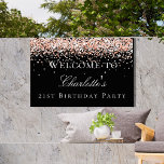 Birthday black rose gold glitter welcome sign<br><div class="desc">A welcome board for a girly and glamorous 21st (or any age) birthday party.  A stylish black background decorated with rose gold faux glitter,  sparkles.   Personalize and add a name and age 21.  White letters.</div>