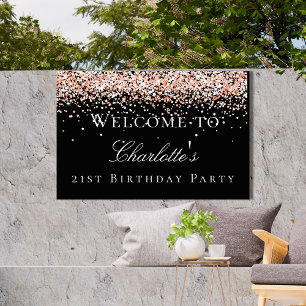 Birthday black rose gold glitter welcome sign