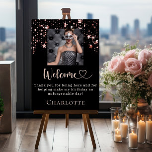 Birthday black rose gold photo stars welcome foam board