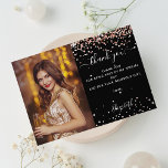 Birthday black rose gold photo thank you card<br><div class="desc">A black background,  decorated with rose gold sparkles.  Personalize and add your photo,  thank you note and name.  Thank you is written with a large hand lettered style font with swashes.</div>