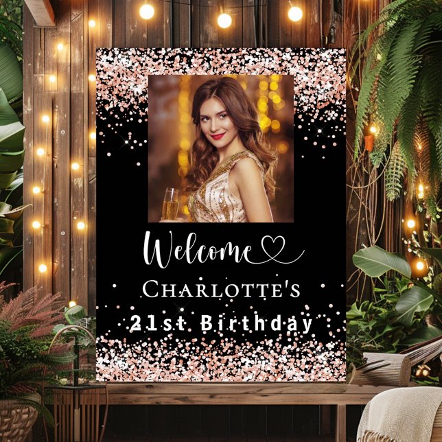 Birthday black rose gold photo welcome poster (Creator Uploaded)