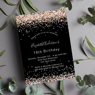 Birthday black rose gold sparkles glamorous party invitation