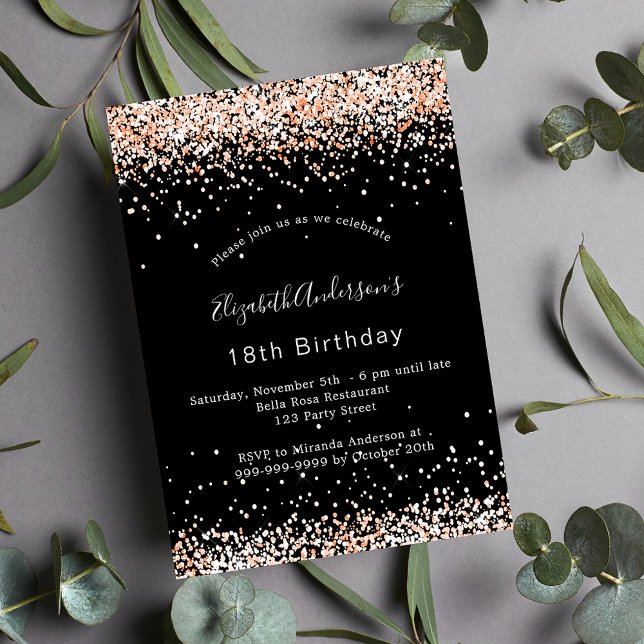 Birthday black rose gold sparkles glamorous party invitation (Creator Uploaded)