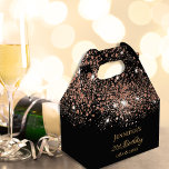 Birthday black rose gold sparkles name thank you favor boxes<br><div class="desc">Elegant, classic, glamorous and girly for a 21st (or any age) birthday party favors. A chic black background. On the front and the back: Personalize and add a name, age 21 and a date. The name is written with a modern hand lettered style script. Decorated with dark rose gold faux...</div>