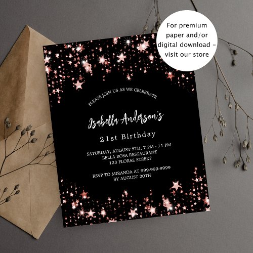 Birthday black rose gold stars budget invitation