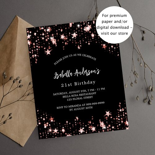 Birthday black rose gold stars budget invitation flyer