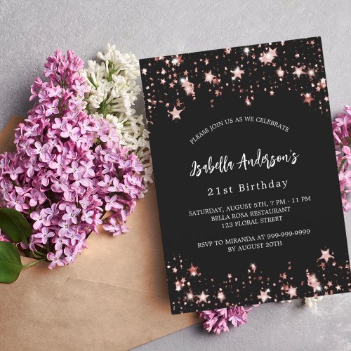 Birthday black rose gold stars invitation