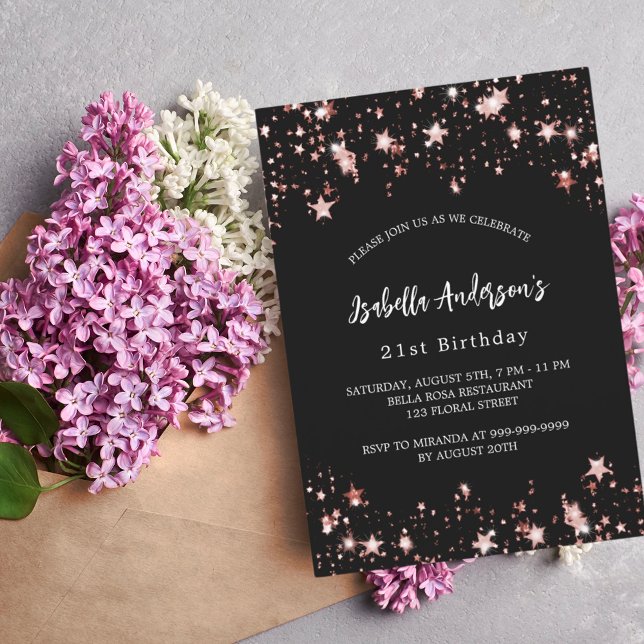 Birthday black rose gold stars invitation (Creator Uploaded)