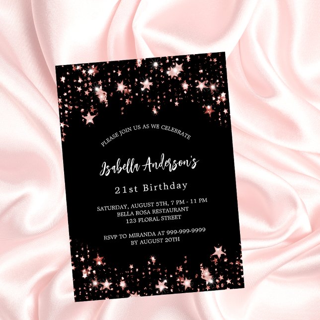 Birthday black rose gold stars invitation postcard (Creator Uploaded)