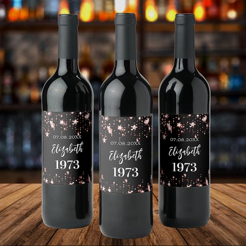 Birthday black rose gold stars wine label