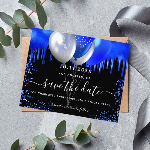 Birthday black royal blue budget save the date flyer