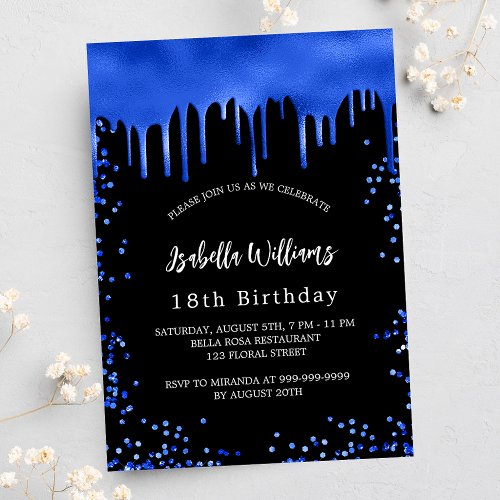 Birthday black royal blue drips invitation postcard