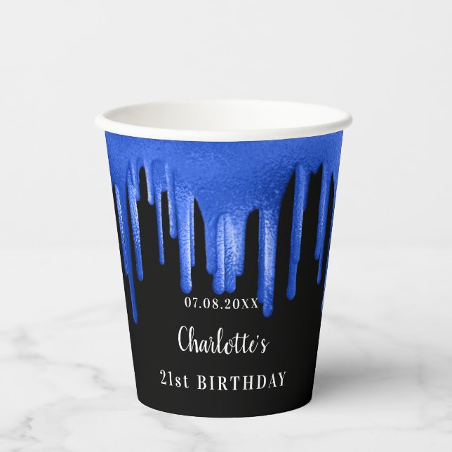 Birthday black royal blue glitter drips monogram  paper cups (Front)
