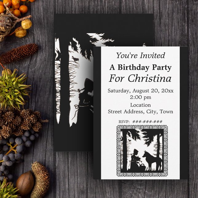 Birthday Black Silhouette Red Riding Hood Wolf Invitation (Little Red Riding Hood Wolf in black and white on Birthday party invitations.)
